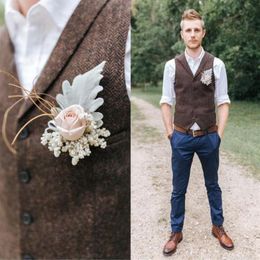 Country Farm Wedding Brown Wool Herringbone Tweed Vests Custom Made Groom Vest Slim Fit Mens Suit Waistcoat Men's Suits & Bla330t