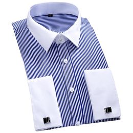 2019 New Design White Collar Striped French Cufflinks Men Shirts Long Sleeve French Cuff Party Men Dress Shirts Plus Size 4XL 462827