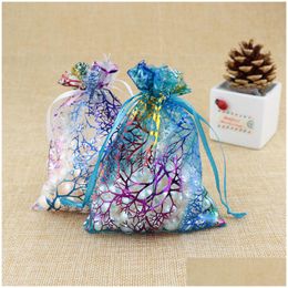 Jewelry Pouches Bags 100Pcs/Lot Bronzing Organza Gift Dstring Bag For Favors Party Packaging Pouch Decoration In Bk Drop Delivery Pack Dhfvl