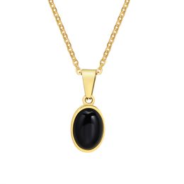 Stainless Steel Agate Black Stone Oval Pendant Necklace Chain For Women Girls Fashion Cute Jewellery 20inch PN-1704