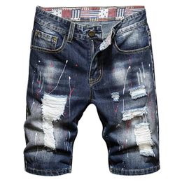 Men's Jeans Painted Holes Ripped Denim Shorts Summer Blue Slim Straight Knee Length Breeches181R