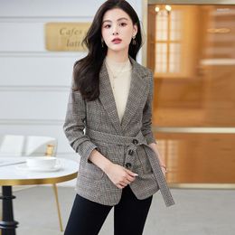 Women's Suits Fashion Women Coffee Plaid Blazer With SashesLong Sleeve Single Button Office Lady Coats Female Business Casual Vintage