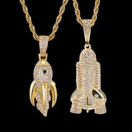 New Fashion personalized guys Gold Plated Mens Bling Rocket Ship Pendant Necklace Chains Hip Hop Iced Out Rock Rapper Jewelry Gift262p