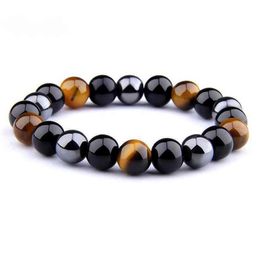 Natural Hematite Black Obsidian Tiger Eye Stone Triple Protection Bracelet For Men Women326I