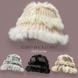 Wide Brim Hats Bucket Winter Crochet Rabbit Fur Hat Women Foldable Luxury Fluffy Warm Beanies Female Fashion Faux Kniting Panama 230915