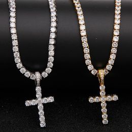 Iced Out Zircon Cross Pendant With 4mm Tennis Chain Necklace Men Women Hip hop Jewellery Gold Silver CZ Set294E