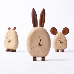 Table Clocks Creative Pastoral Small Fresh Wood Clock Long Ears Mouse Hippo Animal Modelling Desktop