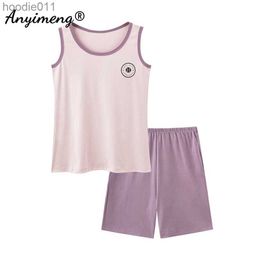 Women's Sleepwear Sporty M-4XL Big Size Women Pyjamas Summer Sleeveless 2 Pieces Set Gril Sleepwear Casual Vest Pijama Cool Cotton Shorts Pyjama L230919