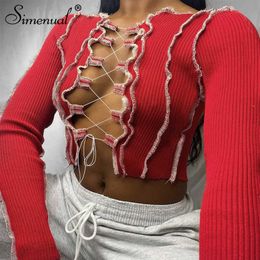 Simenual Patchwork Lace Up Long Sleeve Crop Tops Women Ribbed Sexy Party Knitwear T-Shirt Hollow Out Bodycon Club Tie Front Top T2280u