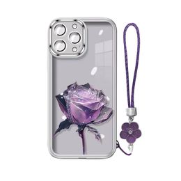 Flower Iphone Cases For Apple 15 PROMAX Ultra 14 13 12 Plus Girls Purple Rose Transparent TPU Protective Back Cover Lanyard Soft Case Tide Anti-drop with Wrist Band