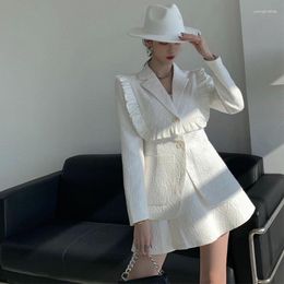 Work Dresses Autumn Elegant Office Lady Two Piece Set Women White Black Notched Chic RufflesTop Hight Waist A-Line Mini Skirt Casual Suit