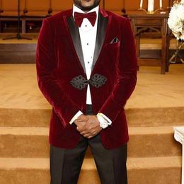 Men's Suits Formal Men For Evening Prom Burgundy Velvet Jacket With Black Pants 2 Piece Wedding Tuxedo Male Fashion Costumes