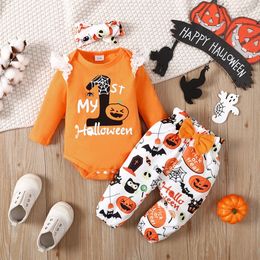 Clothing Sets My Baby Girl First Halloween Happy Costume Orange Long Sleeved BodysuitPumpkin Printed Pants 3PCS Suit Set for 024 Months 230919