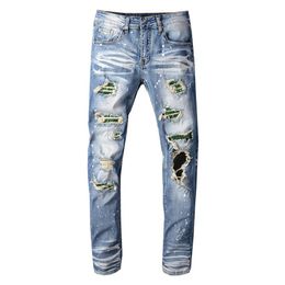 Men's Crystal Holes Ripped Jeans Slim Skinny Patchwork Distressed Blue Stretch Denim Pants Hip Hop Skinny Jeans Men2492