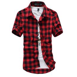 Whole- Red And Black Plaid Shirt Men Shirts 2016 New Summer Fashion Chemise Homme Mens Checkered Shirts Short Sleeve Shirt Men300M