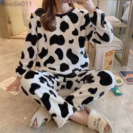 Women's Sleepwear Autumn Winter Flannel Women's Pajamas Sets Cute Polka Dots Printed Teddy Sleepwear Velvet Homewear Set Girl Pijamas Mujer Pyjama L230919