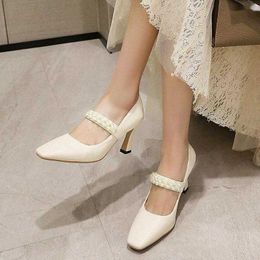 Dress Shoes Lady Microfiber Single Fashion Pearl Thick Heel Summer Female Dating Party Slip Fairy Square Toe Large Size Women