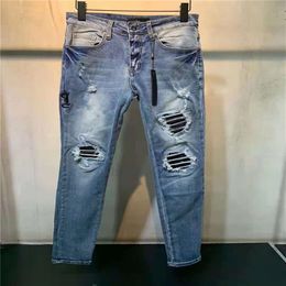 Mens Designer Jeans Ripped Blue Stripe Vintage Style Hole Fashion Pant Slim-leg Motorcycle Biker Causal Hip Hop Pants W28-W40228C