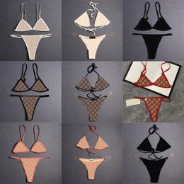 Sexy Triangle Bikinis Women Swimwear Tulle Lace Underwear Letters Embroidered Chain Halter Split Swimsuits Beach Bra Briefs with T2378