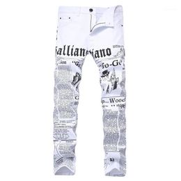 Men's Jeans Mens Autumn Denim Trousers Letter Spaper Printing Casual White Pants Male Painted Skinny Plus Size2730