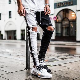 Autumn New Mens Black White Patchwork Denim Trousers Foot Zipper Ripped Jeans Hip Hop Vintage Skinny Jeans Man Vaqueros Hombre233O