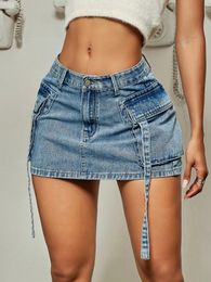 Skirts 2023 Trendy Street Tooling Style Flap Pocket Ribbon Details Slim Workwear Denim Mini Skirt High Clothing 230919