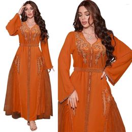 Ethnic Clothing 2023 Summer Elegant Muslim Women Long Sleeve V-neck Polyester Orange Abaya Fashion Dresses Maxi Dress