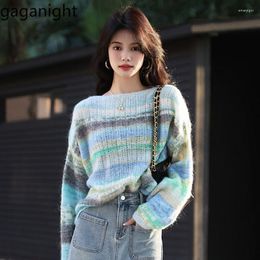 Women's Sweaters Gaganight Women Early Autumn Colourful Stripes Sweater 2023 Mixed Colour Thin Lazy Style Knitted Shirt Outer Wear Top