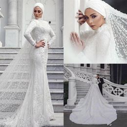 Modern Muslim Wedding Dresses Mermaid Lace Long Sleeve High Collar Saudi Arabic Bridal Dress With Hijab Veils Custom Made Vestidos195Q