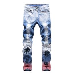 Unique Mens Distressed Printed Slim Fit Jeans Fashion Designer spring summer Light Blue Biker Denim Pants Big size Motocycle Trous277G