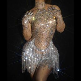 Shining Rhinestone Tassel Dance Bodysuit Sexy Women Elastic Mesh Net Perspective Crystal Leotard Singer Dancer Stage Wear Outfit2883