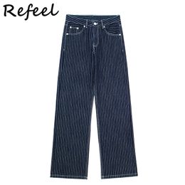 Women's Jeans Refeel Spring Denim Women Long Casual Navy Blue Striped Front Zipper High Waist Female Chic Wide Leg Loose Trousers Pant Ladies 230918