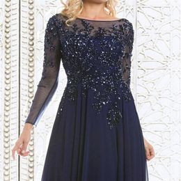 2019 Top Selling Elegant Navy Blue Mother of The Bride Dresses Chiffon See-Through Long Sleeve Sheer Neck Appliques Sequins Evenin3065