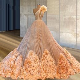 Luxury Champagne Prom Dresses One Shoulder Gorgeous Ruffles Bling Sequins Evening Dress Couture Dubai Arabic Celebrity Gowns Vesti213h