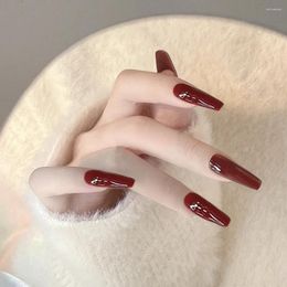 False Nails 24PCS Wine Red Fake Long Flat Head French Style Finished Nail Piece Artificial With Jelly Gel/Glue NOV99