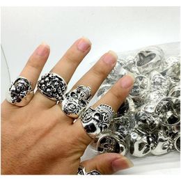 Whole Lots Top 50pcs Vintage Skull Carved Biker Men's Silver Plated Rings298O