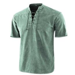 Men Casual Shirts Medieval Retro Lace-up V-Neck Cotton Linen Gothic Short Sleeve T-Shirts Plus Size S-5XL258H