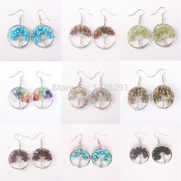 Tree Of Life Wire Wrapped Tumbled Stone Beads Round Dangle Drop Hook Earrings 1pair1272W
