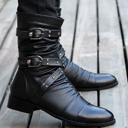Boots Men Leather Punk Style Spring Autumn Round Head Belt Buckle Mid-calf Thick Bottom Shoes Bota Motociclista Masculina