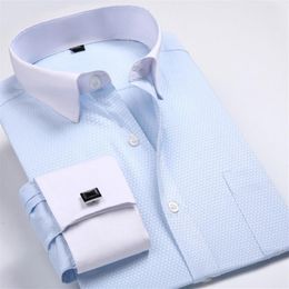 Mens Clothes Dress Shirts Slim Formal Long Sleeves Strips Cotton French Cuff Casual Shirts287u