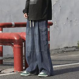 Mens Jeans Wide Leg Cargo Pants Autumn Streetwear Baggy Hip Hop Jeans Big Pockets Men Korean Fashion Loose Straight Male Clothing Blue 230920