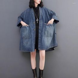 Women's Trench Coats Jackets Women 2023 Spring Autumn Vintage V-neck Pocket Denim Loose Top Blue Fashion Harajuku Streetwear Single Breasted