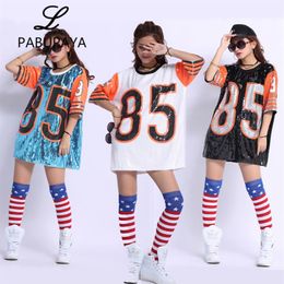 Nightclub DS Show Costumes Long Tee DJ Street Dance Dancers Dress Loose Sequins T shirts Tops Sexy for Womens245B