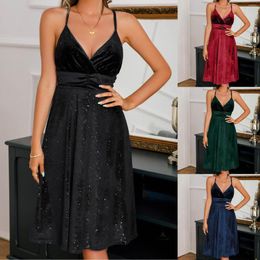Casual Dresses Women Suspenders V Neck Fashion Dress Gold Velvet Waist Before Getting Married Sexy Evening