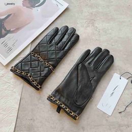 sheepskin Gloves for women Metal chain leather weaving design Five Fingers Gloves Warm plush lining Mittens Winter Gift Including box