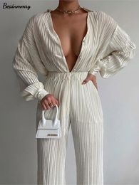 Women's Two Piece Pants Ladies Shirt Suits Pleated Notched Single-Breasted Female Cardigan Two-Piece Loose Shirts and High-Waist Wide-Leg Pants Sets 230920