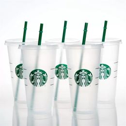 Starbucks Mugs 24oz 710ml Plastic Tumbler Reusable Black Drinking Flat Bottom Cups Pillar Shape Lid Straw FY4448 0626266L