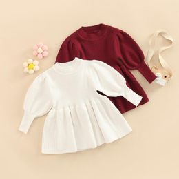 Girl Dresses 2023-08-15 Lioraitiin 0-3Years Toddler Baby Girls Autumn Winter Dress Solid Colour Long Sleeve Round Neck Knitted Sweater