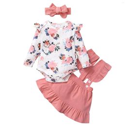 Clothing Sets 3pcs Casual Floral Ruffle Suspender Skirt Headband Baby Girls Romper Set Poshoot Long Sleeve Party Born Birthday Overall