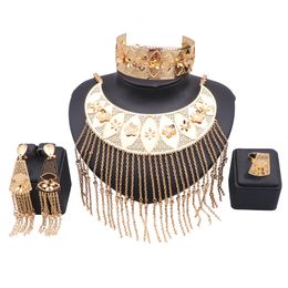 Women Luxury Dubai Gold Colour Tassels Necklace Earring Ring Bangle Wedding Accessories Decoration Jewellery Set